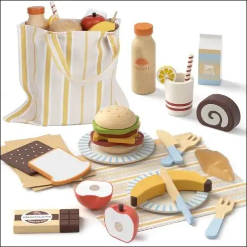 Colección de juguete de picnic de madera con alimentos y productos de juguete