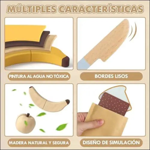 Juego de picnic juguete de madera con frutas y pan cortables para diversión al aire libre