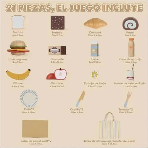 Guía visual de un juguete de picnic de madera con etiquetas en español para cada pieza