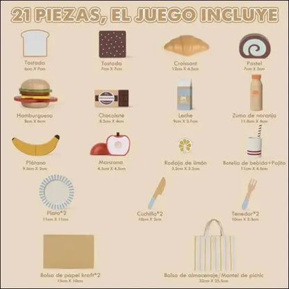 Guía visual de un juguete de picnic de madera con etiquetas en español para cada pieza