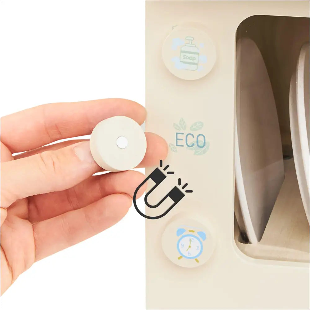 Close-up of Mamabrum wooden toy dishwasher buttons with hand interacting, showcasing realistic and educational features for kids.