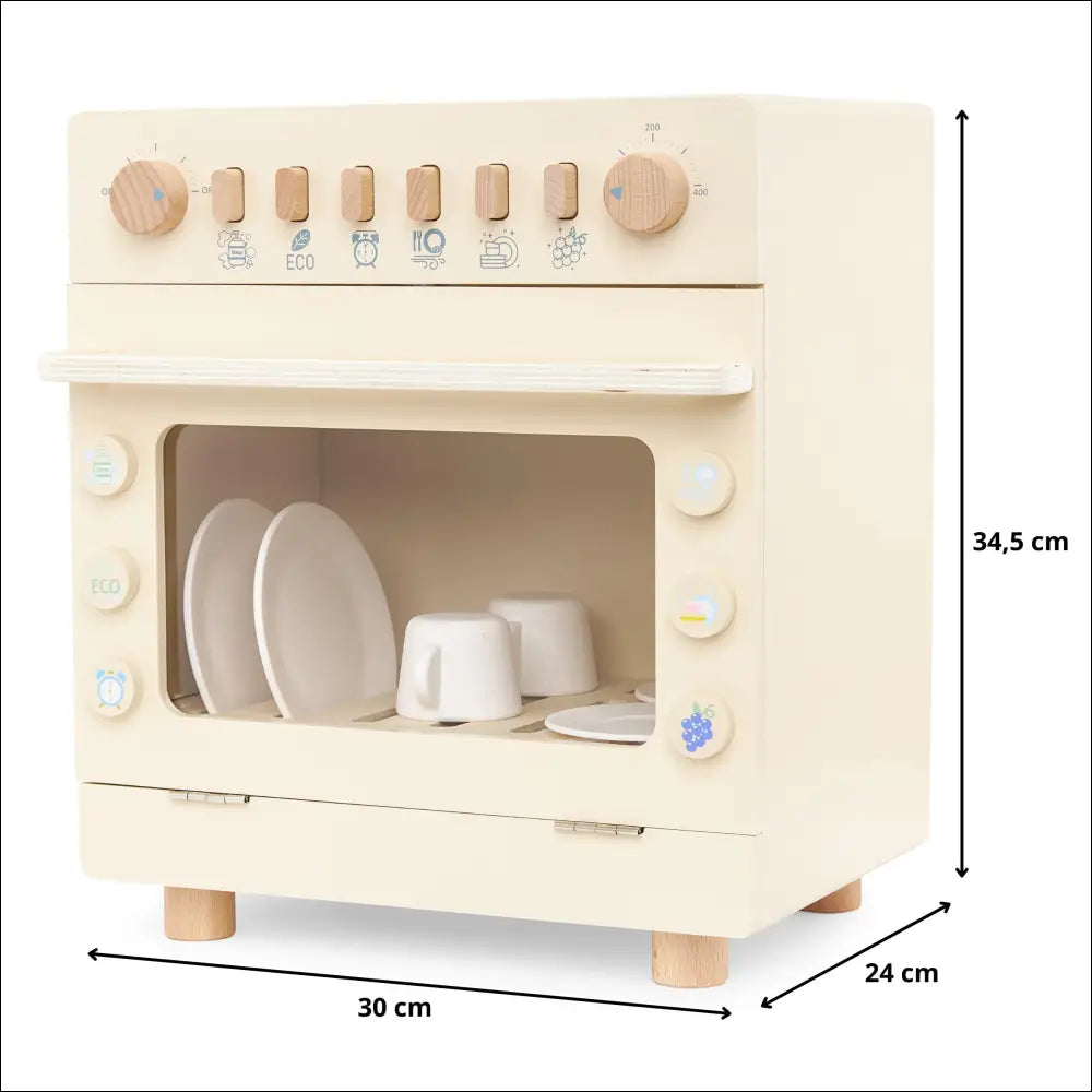 Educational wooden toy dishwasher for kids, Mamabrum MAM154, interactive play kitchen appliance with realistic buttons and dishes.