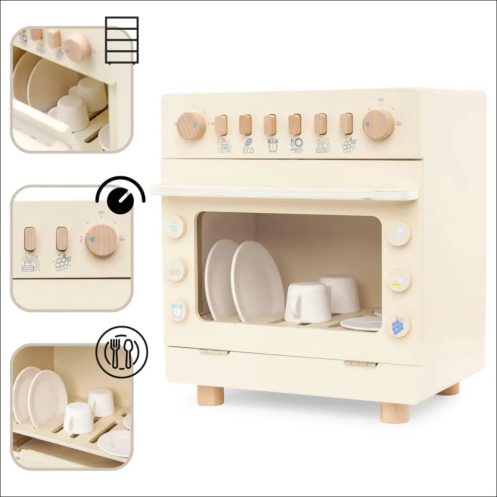 Educational wooden toy dishwasher by Mamabrum with realistic buttons and dishes for kids' imaginative play.