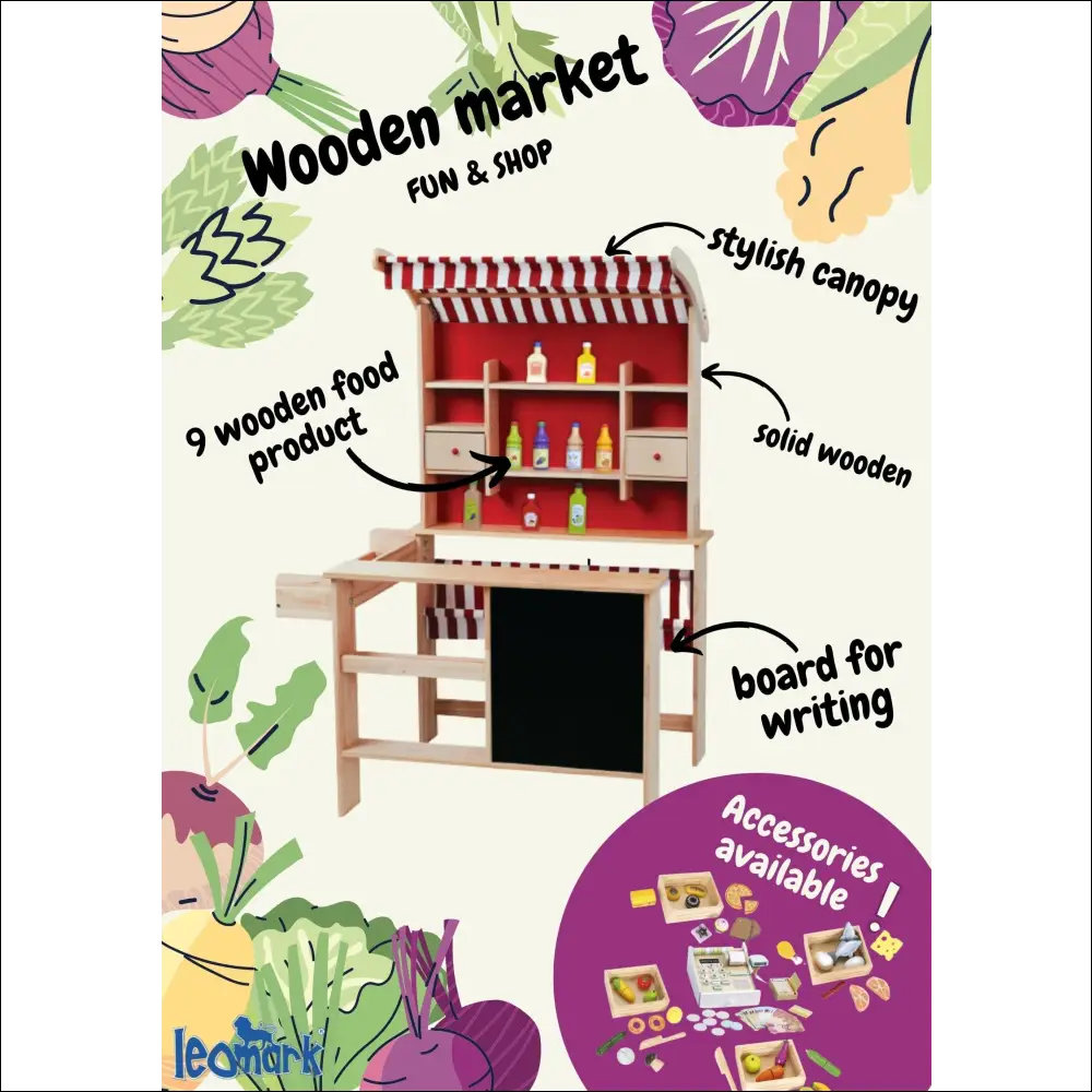 Mercado con Toldos Leomark: colorido puesto de juguetes de madera y comida de juego