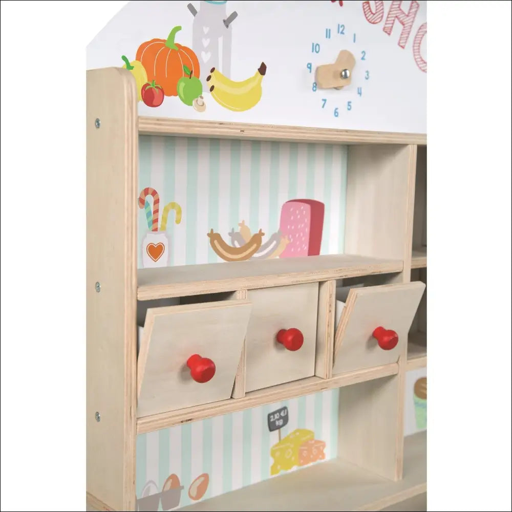Cocinitas de madera Mini-Shop con carrito y estantes decorados para niños
