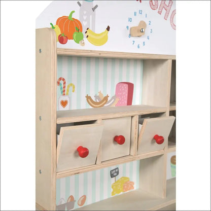 Cocinitas de madera Mini-Shop con carrito y estantes decorados para niños