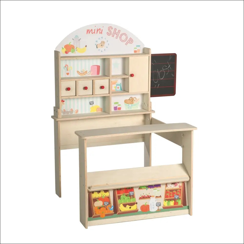 Mini-shop de madera con carrito, estantes y pizarra para juego seguro infantil