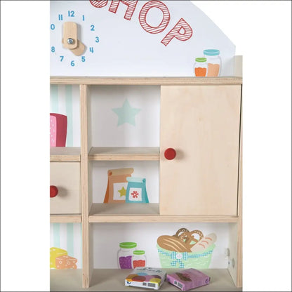 Juego de cocinitas de madera Mini-Shop con carrito, estantes y accesorios para niños