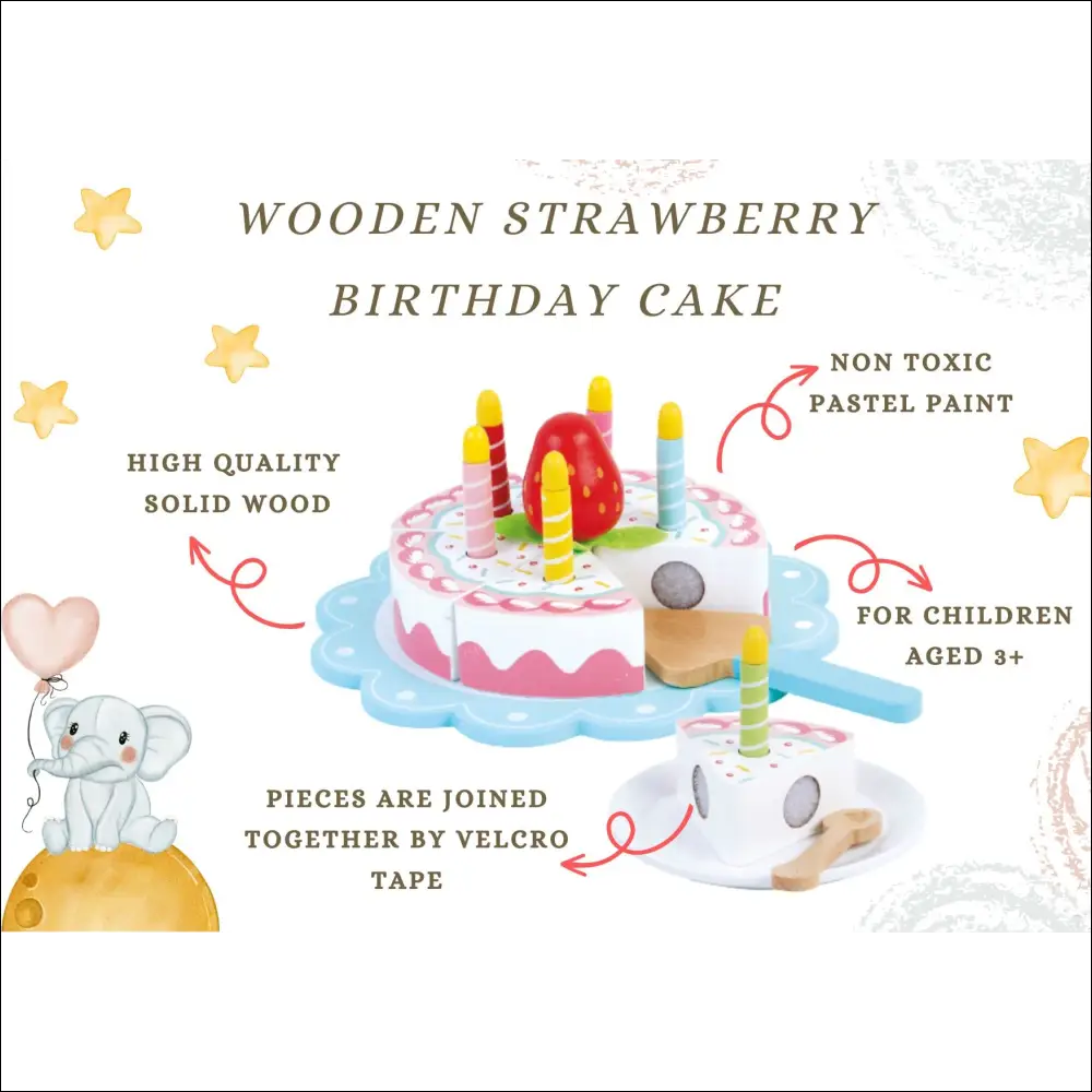 Pastel de Cumpleaños de Madera con Seis Rebanadas para Cocinitas de Madera - Juguete