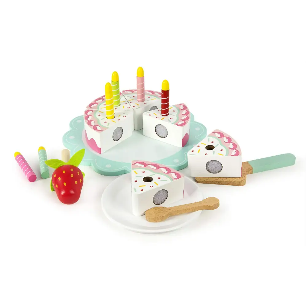 Pastel de Cumpleaños de Madera con Seis Rebanadas para Cocinitas de Madera - Juguete