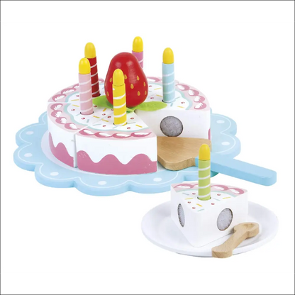 Pastel de Cumpleaños de Madera con Seis Rebanadas para Cocinitas de Madera - Juguete