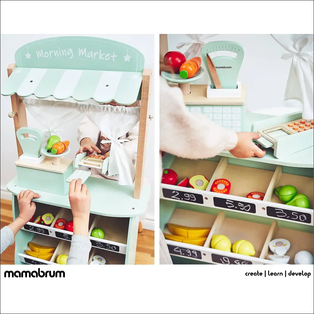 Puesto de Mercado Mamabrum con acentos verde menta y comida de juguete de madera