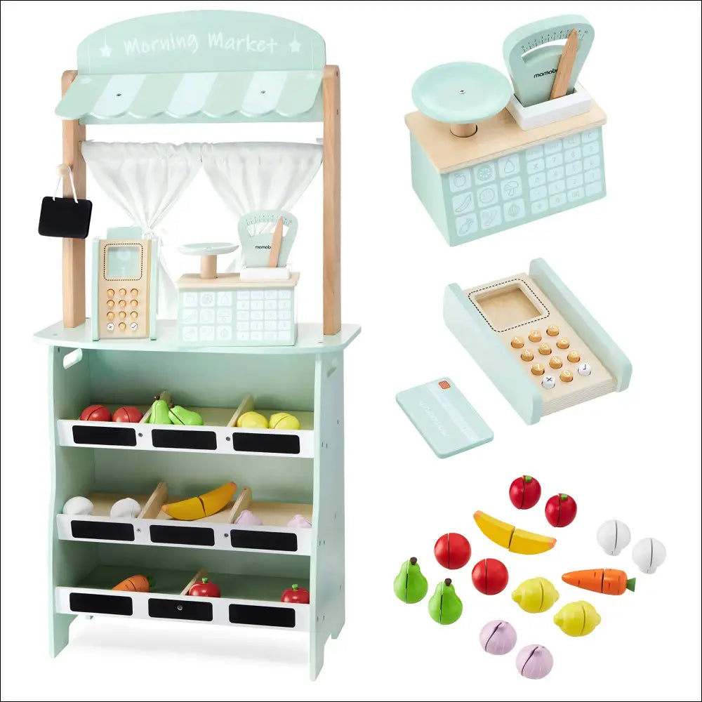Puesto de Mercado Mamabrum con detalles en verde, ideal para cocinitas de madera