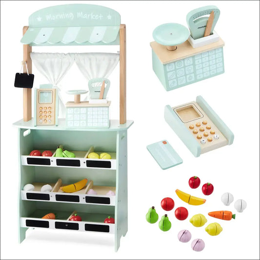 Puesto de Mercado Mamabrum con detalles en verde, ideal para cocinitas de madera