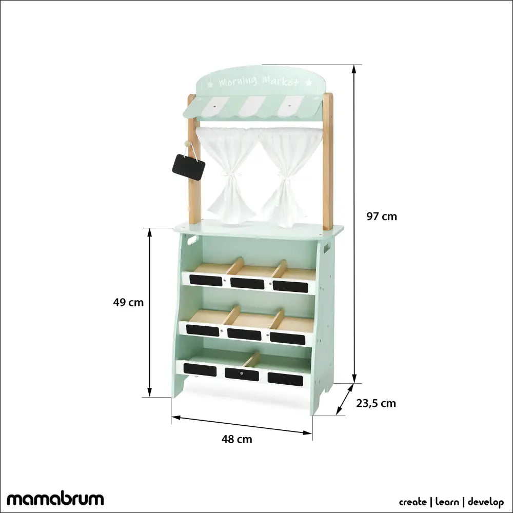 Puesto de mercado Mamabrum en verde pastel, cocinitas de madera para diversión y aprendizaje