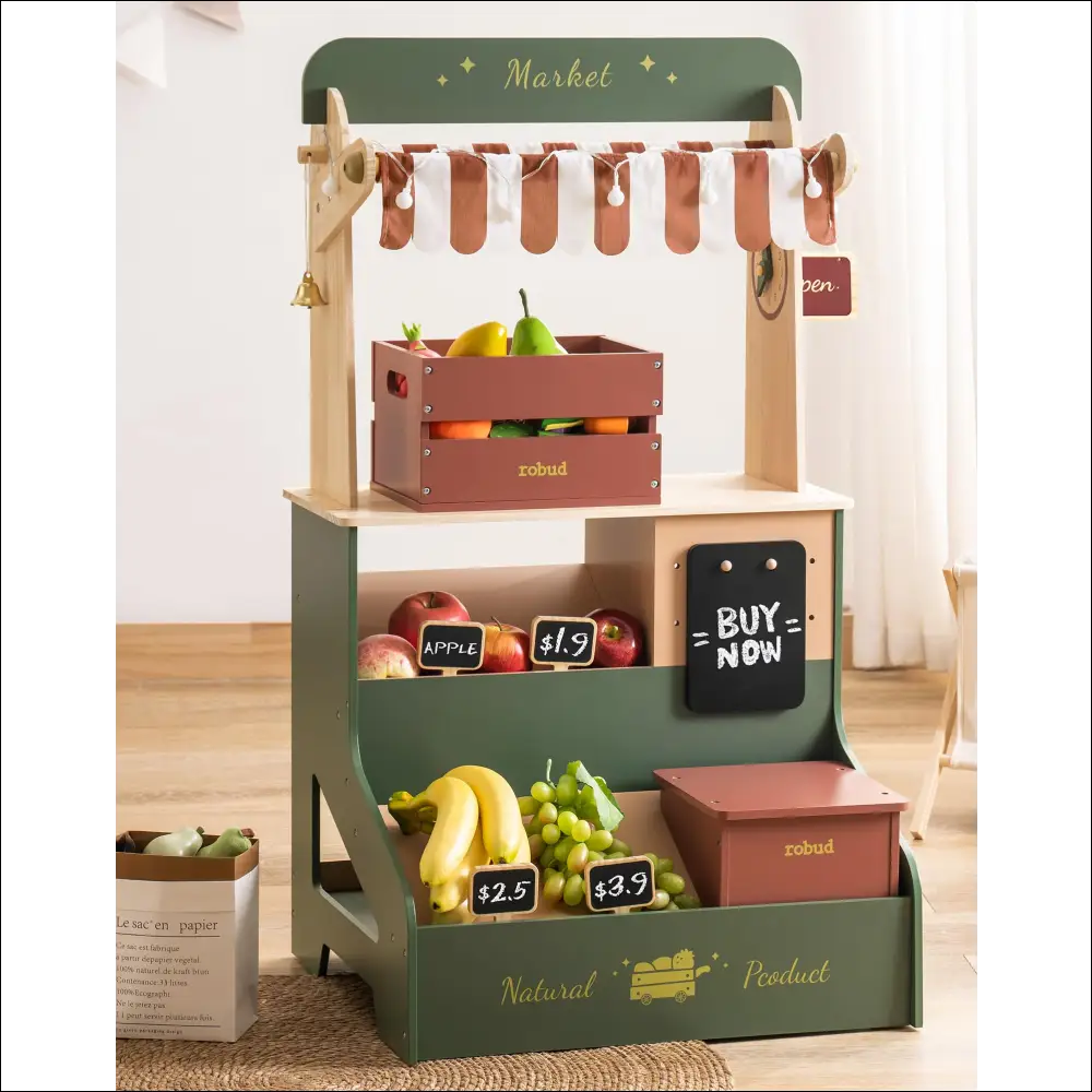 Puesto de Mercado ROBUD con toldo, estantes y juguetes de madera para aprender y jugar