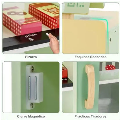 Imagen de cuatro paneles mostrando características del Supermercado con Mostrador Costway
