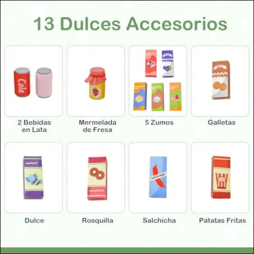 Infografía de 13 snacks y bebidas etiquetados en español en Supermercado Costway