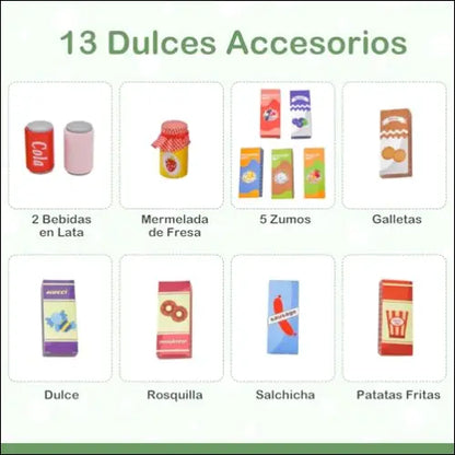 Infografía de 13 snacks y bebidas etiquetados en español en Supermercado Costway