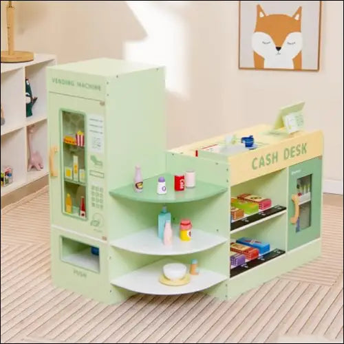 Supermercado Costway con mostrador y máquinas expendedoras en verde pastel para niños
