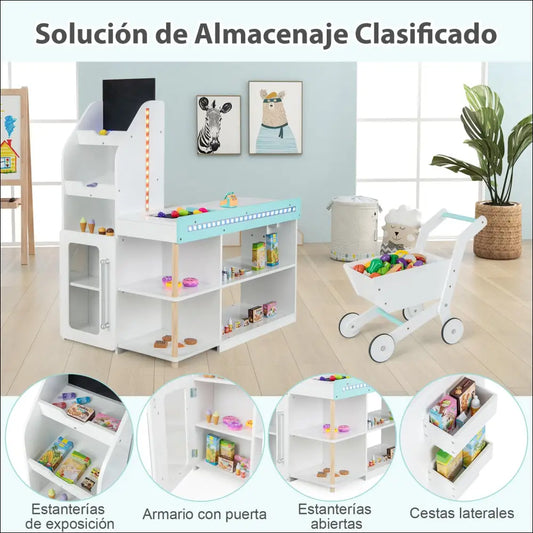 Unidad de almacenamiento y juego multifuncional para niños, supermercado de madera