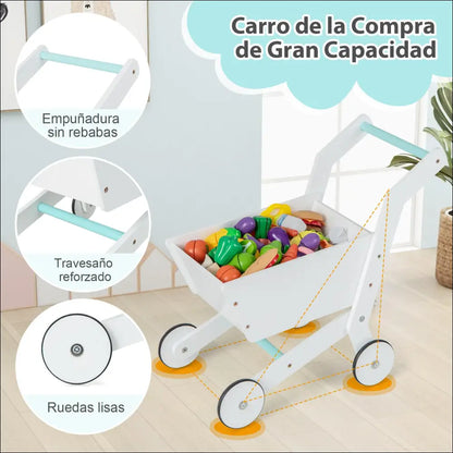 Carrito de compras de madera lleno de comida de juguete en supermercado Costway