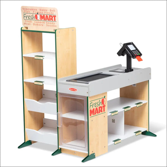 Toy supermercado de madera con caja de pago y estantería para niños