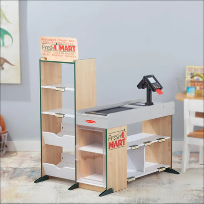 Miniatura de un supermercado de madera para niños, ideal para jugar y aprender