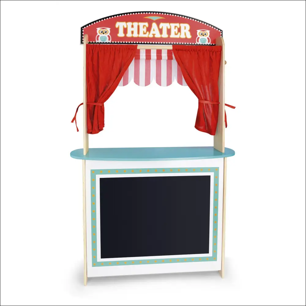 Escenario de marionetas Teatro-Mercado Leomark con panel de tiza y cortinas rojas