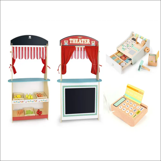 Convertible play stand with teatro-mercado facades by Leomark, creatividad en madera