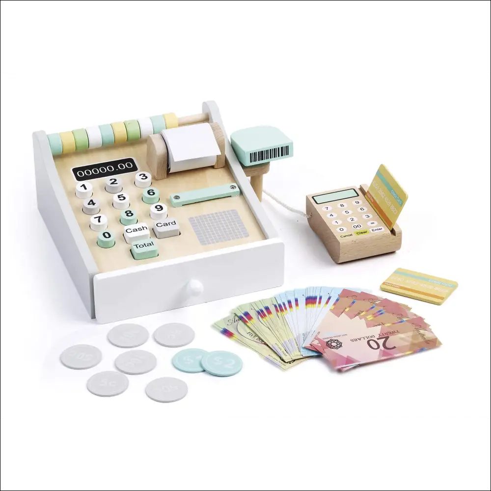 Registro de caja de juguetes con dinero y accesorios de Teatro-Mercado Leomark en madera