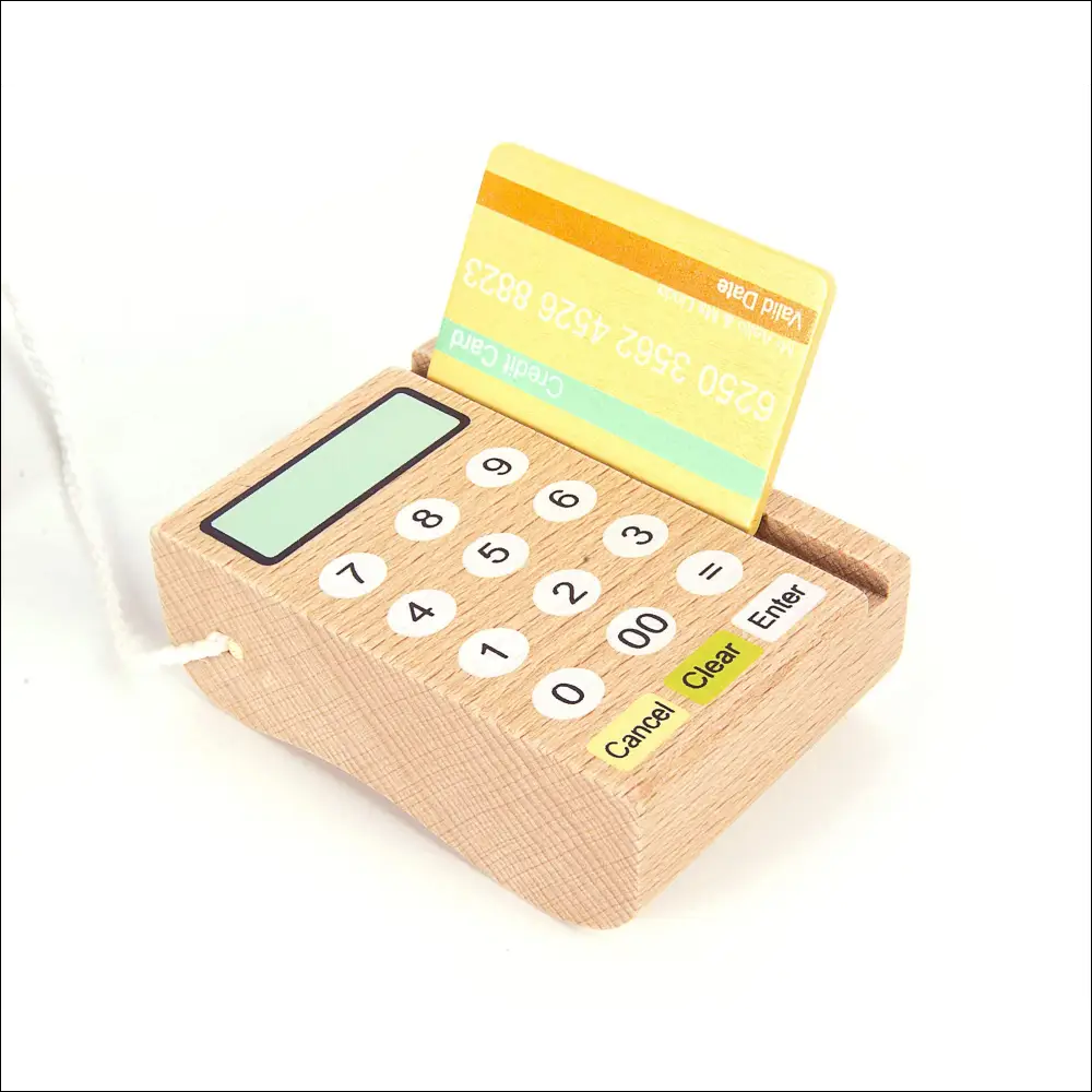 Registro de juguete de madera Teatro-Mercado Leomark con calculadora y tarjeta