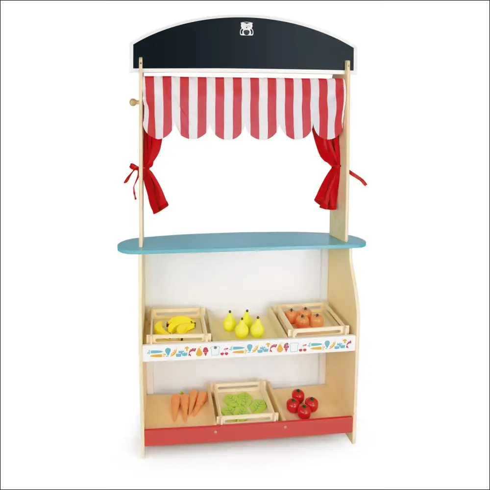 Stand de juego para niños teatro-mercado Leomark con alimentos de madera