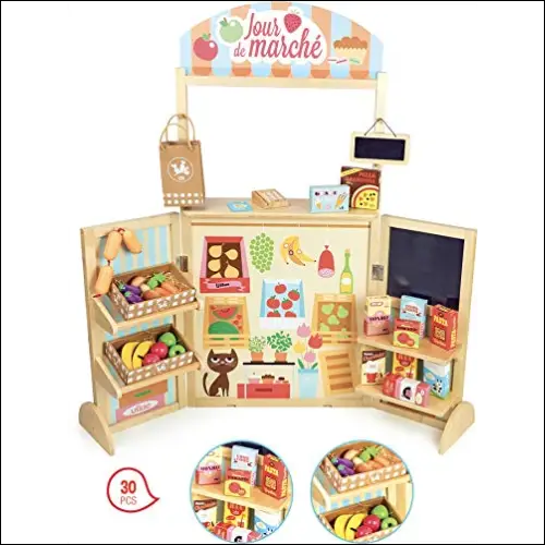 Stall de juguetes de madera Tienda de Alimentos con accesorios y comida para niños