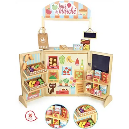 Stall de juguetes de madera Tienda de Alimentos con accesorios y comida para niños