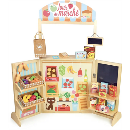 Tienda de Alimentos Vilac con coloridos alimentos y accesorios de madera para cocinitas de madera