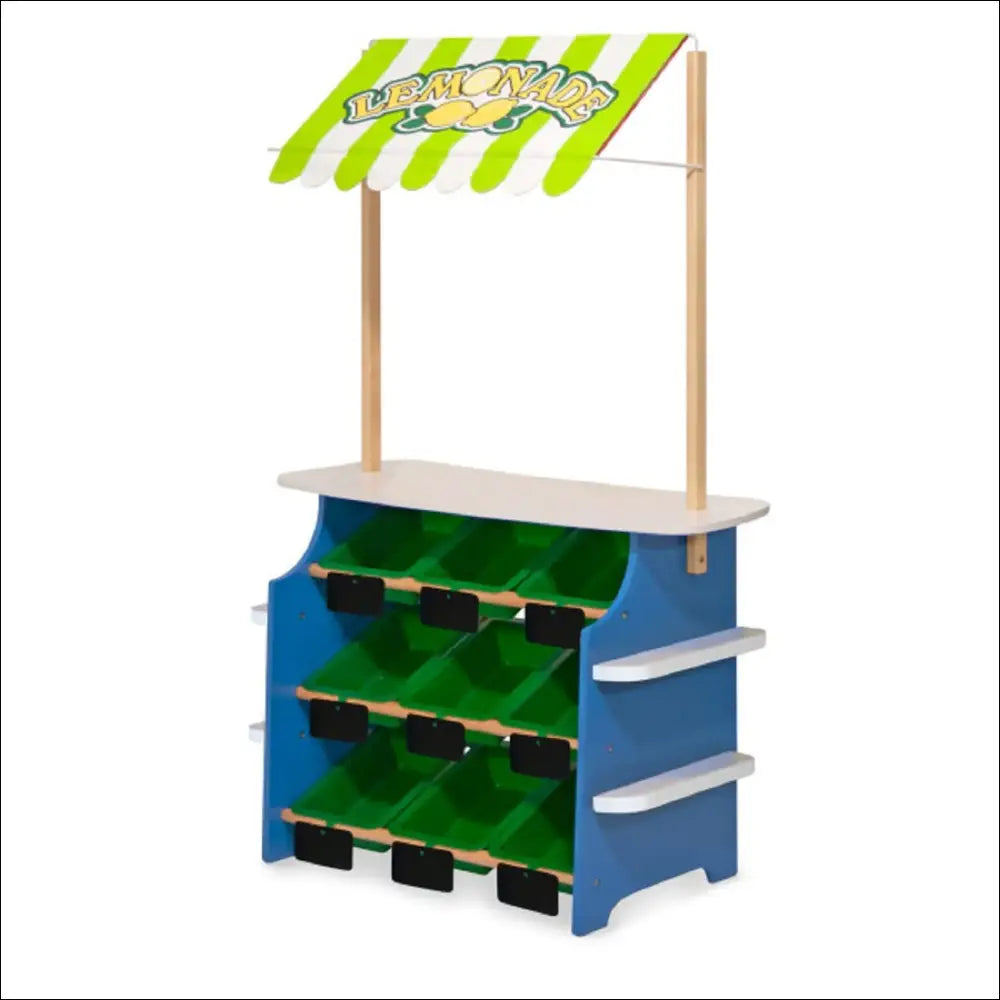 Tienda de Comestibles y Puesto de Limonada con estantes de madera coloridos