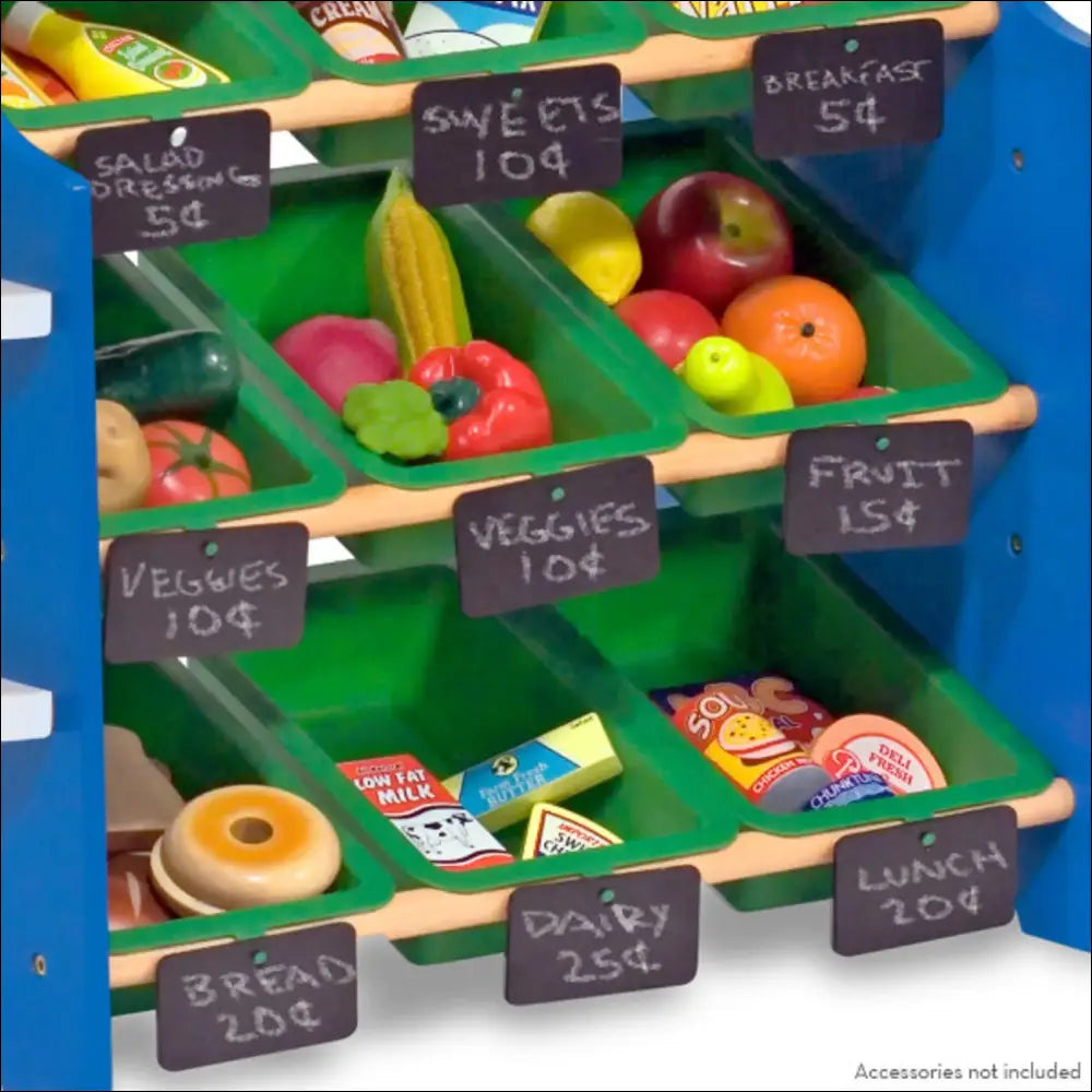Colorida tienda de comestibles con cocinitas de madera y limonada para diversión infinita