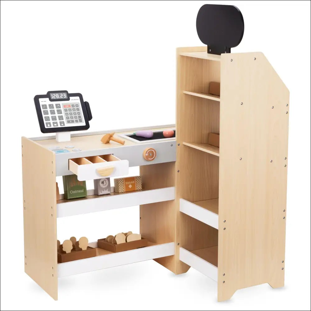 Tienda de verduras de madera con mostrador, estantes y caja registradora de juguete