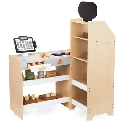 Tienda de verduras de madera con mostrador, estantes y caja registradora de juguete