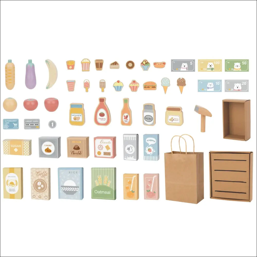 Colección ilustrada de tienda de verduras y artículos del hogar en madera