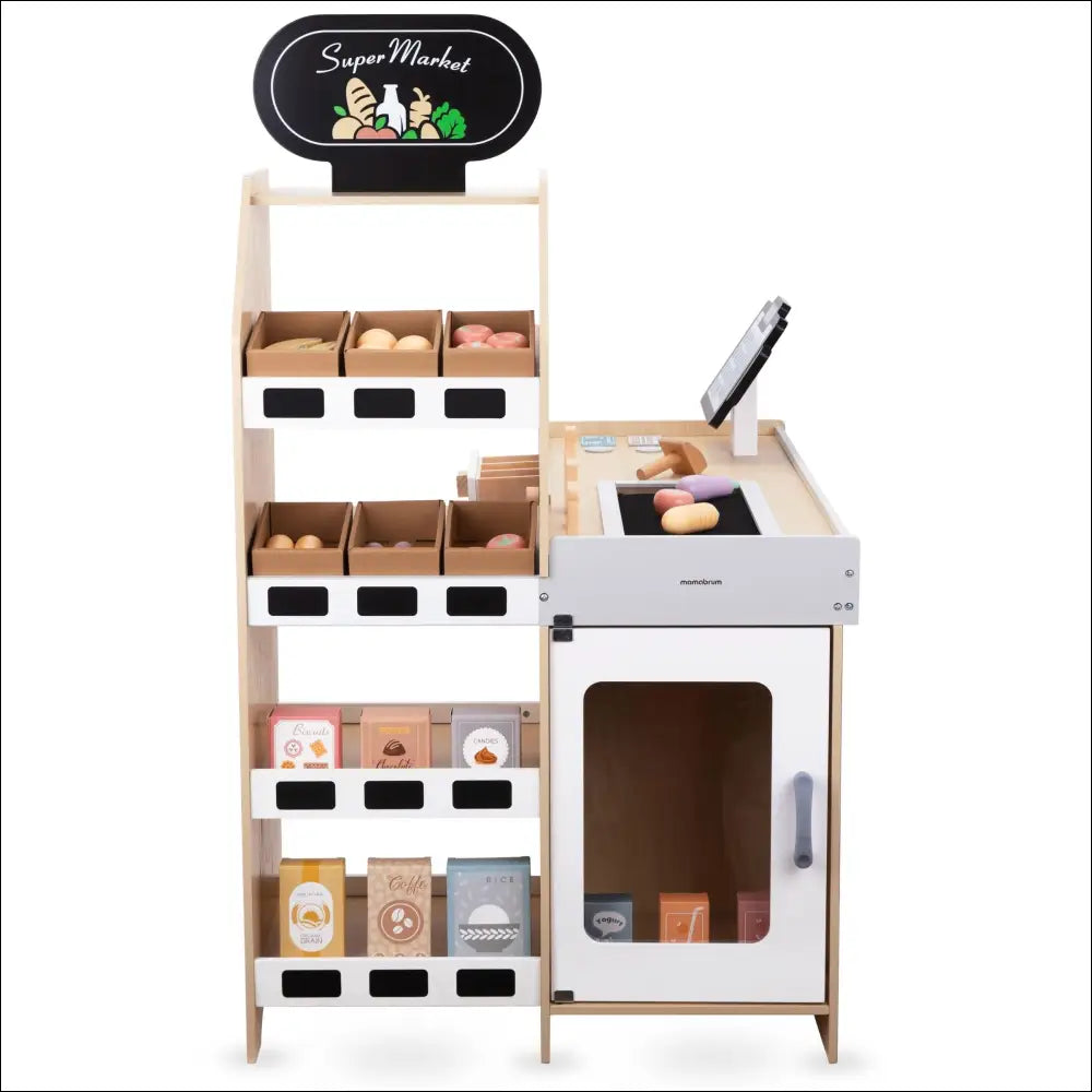 Tienda de verduras Mamabrum de madera con estantes y pizarra para juegos creativos
