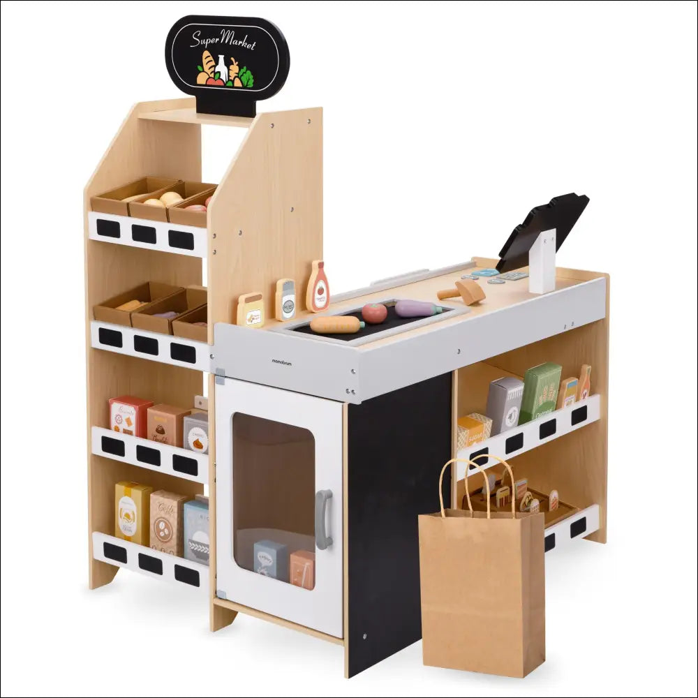 Juego de cocina de madera con estantes y accesorios en Tienda de Verduras Mamabrum