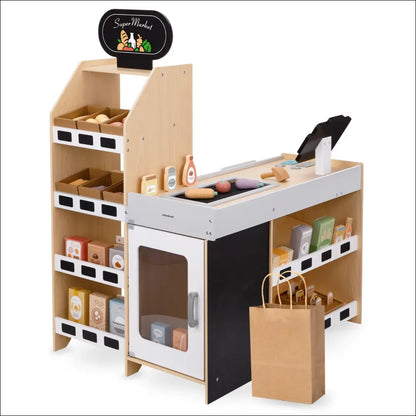 Juego de cocina de madera con estantes y accesorios en Tienda de Verduras Mamabrum