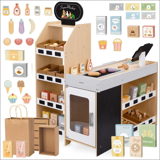 Tienda de Verduras Mamabrum de madera con elementos de cocina y accesorios de comida