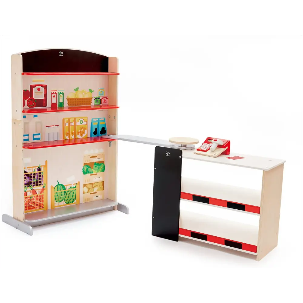 Setup de tienda pop-up Hape con estantes y caja, ideal para cocinitas de madera